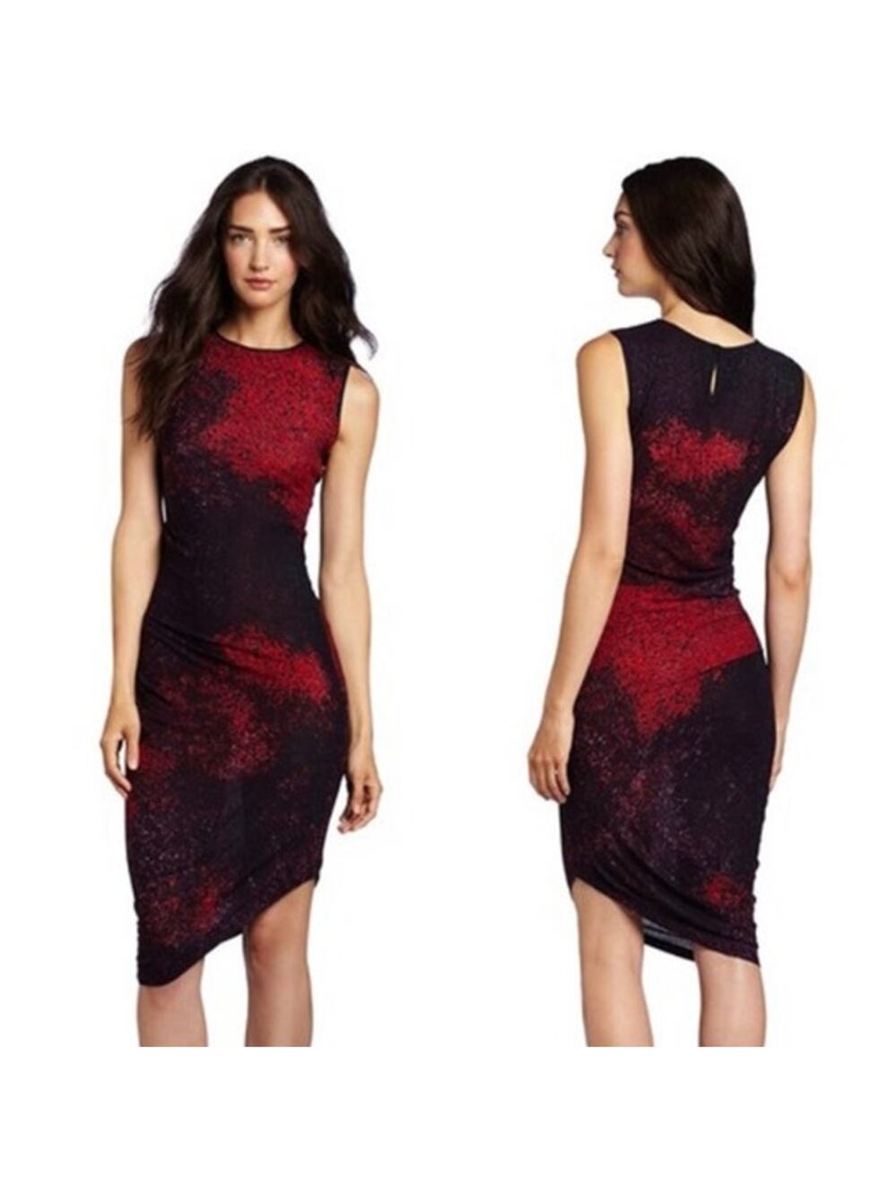Halston Heritage Asymmetrical Bodycon Dress Abstract Print Sleeveless Womens 6